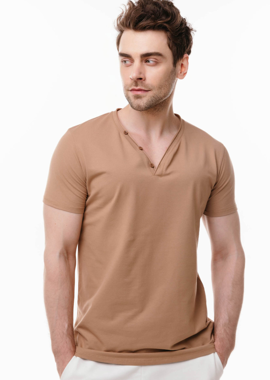Beige button-down men's T-shirt